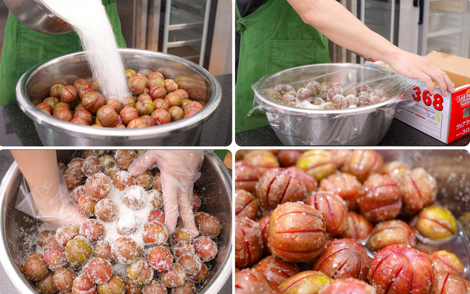 Ướp mận với đường và muối trong thau lớn